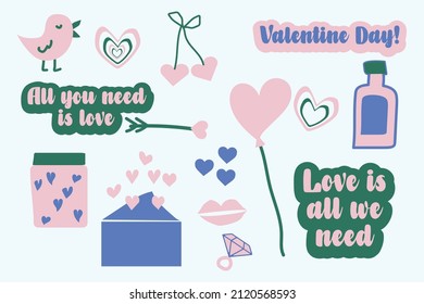 Juego de stickers de vectores del día de San Valentín dibujados a mano. Adoro los garabatos con colores rosa, azul y verde oscuro. Ilustración sobre el corazón, la flor, la botella, las letras, los mensajes, la caja de regalo, el pájaro y el globo