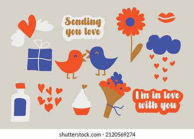 Set handgezeichneter Valentinstag-Vektoraufkleber. Liebesdoodles in Rot, Blau und Braun. Illustration über Herz, Blume, Flasche, Nachrichten, Geschenkbox, Kirsche, Kuchen, Vögel.