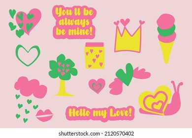 Set of hand drawn Valentine's day  vector sticker. Love doodles with pink, yellow, and green colors. Illustration about heart,  flower, bottle, icecream.