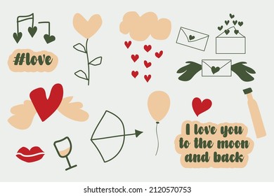 Set of hand drawn Valentine's day  vector sticker. Love doodles with red, khaki, and salmon colors. Illustration about heart,  flower, bottle, letters, lips,  messages.