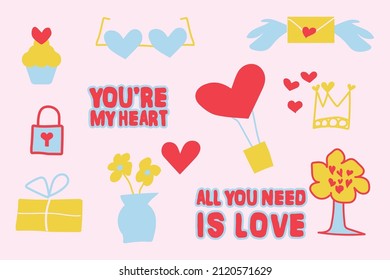 Set handgezeichneter Valentinstag-Vektoraufkleber. Liebesdoodles mit roten, gelben und hellblauen Farben. Illustration über Herz, Blume, Flasche, Briefe, Ballon.