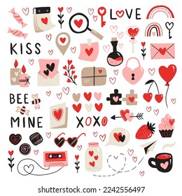 Set of hand drawn Valentines Day elements isolated on white background. Hearts, calendar, potion, key, heart-shaped lock, candles, note, present, envelope. Vector doodle elements for Valentines Day