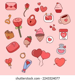 Conjunto de íconos vectoriales planos del día de San Valentín dibujados a mano aislados. Doodles de San Valentín. Sobre, globo, flor, corazón, quequito, llave, cerradura, calénder, taza, chocolate, helado, anillo, poción, ramo