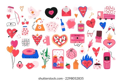 Set of hand drawn Valentine's day quirky elements - cartoon flat vector illustration isolated on white background. Colorful love symbols - hearts with funny faces, pizza in shape of heart, music tape.