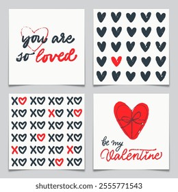 Set of hand drawn Valentines Day card designs with hearts, love messages and xoxo word in red and black colors. Romance concept holiday postcard. Elegant handwritten lettering. Vector illustration