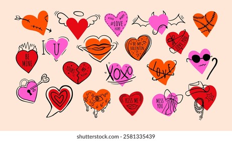 Set of hand drawn Valentine's Day hearts. Doodle sticker set with text. Vector illustration