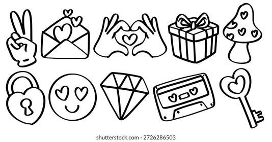 Set handgezeichnete Valentinstag Hippie Liebesthema Isolierte Vektorgrafik