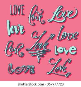 Set of hand drawn Valentine's day word. Love in misc styles in blue over pink background.