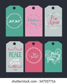 Set of hand drawn Valentine's Day stickers. Kiss me. Peace and love. Be Mine. Only you. So sweet. Hugs and kisses. Vector illustration