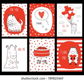 Set of hand drawn Valentines day greeting cards templates with cute funny cartoon monsters and romantic quotes, in black, white, red. Ready to use. Design concept for children. Vector illustration.