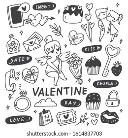 Set of Hand Drawn Valentines in Doodle Style, Suitable for Background, Fabric Print