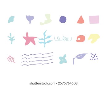 Set of hand drawn various abstract shapes doodles and plants vector illustration on transparent background