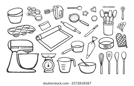 Set of hand drawn various baking tools isolated on white background