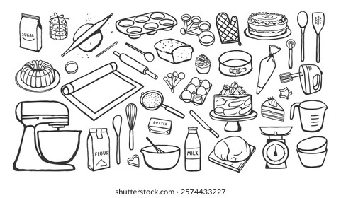 Set of hand drawn various baking tools and ingredients isolated on white background
