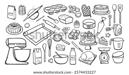 Set of hand drawn various baking tools and ingredients isolated on white background