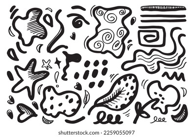 conjunto de Hand dibujó varias formas en blanco y negro y objetos de doodle. Ilustración del vector abstracto.