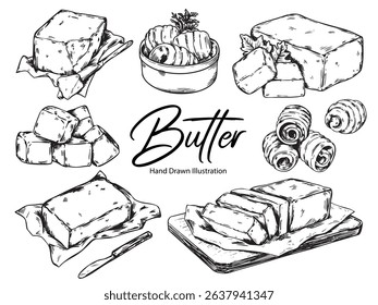 Set of hand drawn various butter outline drawing illustration