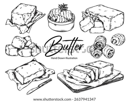 Set of hand drawn various butter outline drawing illustration