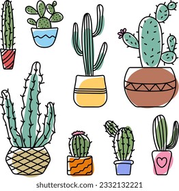 
set of hand drawn various cacti in colorful flower pots isolated on white background