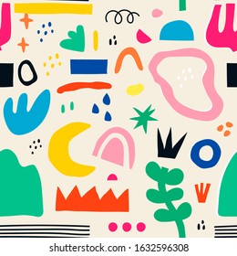 Set of Hand drawn various colorful shapes and doodle objects. Abstract contemporary modern trendy vector illustration. Seamless pattern. Wallpaper, textile print