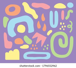 A set of hand drawn various colorful vector shapes and doodle objects. Abstract contemporary modern trendy vector illustration. All elements are isolated. 