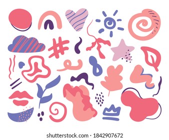 Set of hand drawn various colorful shapes and doodle objects. Abstract contemporary modern trendy vector illustration. Floral art and texture bundle, trendy design elements. Vector isolated