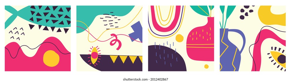 Set of Hand drawn various colorful shapes and doodle objects backgrounds. Abstract contemporary modern trendy vector illustration.
