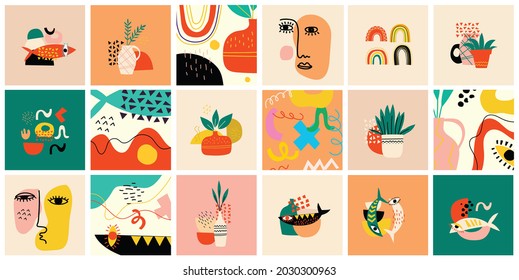 Set of Hand drawn various colorful shapes and doodle objects backgrounds. Abstract modern trendy vector illustration.