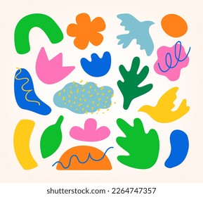 Conjunto de dibujos a mano de varias formas coloridas. Resumen de la ilustración vectorial contemporánea de la primavera natural - objetos de verano.