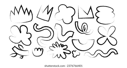 Conjunto de dibujos a mano de varias formas coloridas y objetos de doodle en estilo infantil primitivo. Resumen de la moderna y moderna ilustración vectorial. 