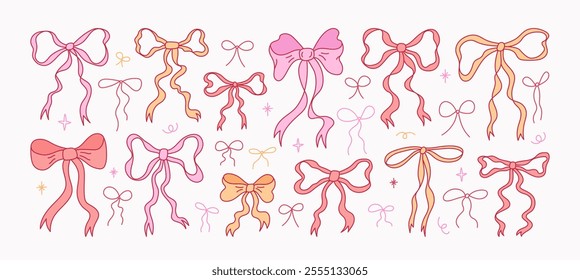 Set of hand drawn various colorful bow knots, ribbons and bows. Hair braiding accessories for woman. Coquette vintage illustration in doodle style. Perfect for poster, cards, wedding invitations.