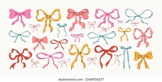 Set of hand drawn various colorful bow knots, ribbons and bows. Hair accessories. Bow knots for holiday gifts. Trendy flat vector illustration. Perfect for poster, cards, wedding invitations.