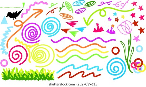 set of hand drawn various colourful funny stars, wave shapes and arrow isolated on transparent background. Vector illustration