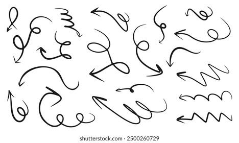 Set of hand drawn various curved lines and arrow curls. Drawing with a marker, different arrows in pen. Isolated vector icons. Outline direction signs.