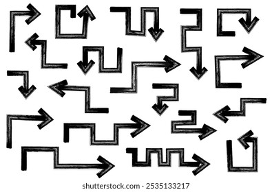 Conjunto de líneas curvas dibujadas a mano y rizos de flecha. Dibujo con un marcador, diferentes flechas en lápiz. Conjunto de iconos vectoriales. Esquema de las señales de dirección.	