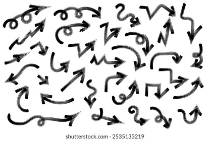 Conjunto de líneas curvas dibujadas a mano y rizos de flecha. Dibujo con un marcador, diferentes flechas en lápiz. Conjunto de iconos vectoriales. Esquema de las señales de dirección.	