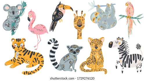 Set Hand drawn various cute jungle animals in doodle style. Colored vector set. Every animal is isolated. Tropical