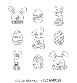 Set of  hand drawn various cute Easter bunnies with eggs. Happy Easter doodle clipart - bunny and egg. Isolated on white background.