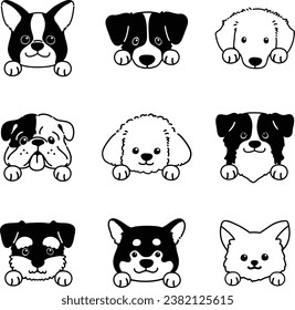 Set of hand drawn various cute dog faces with paws only outlines