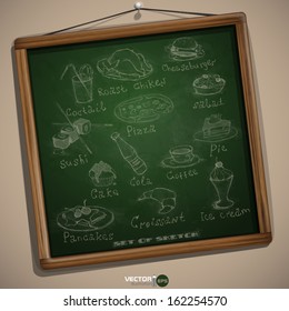 Set of Hand Drawn Various Elements On A Green Chalkboard. Vector Illustration. Eps 10.