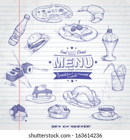 Set of Hand Drawn Various Elements On Lined Sketchbook Paper. Vector Illustration. Eps 10.