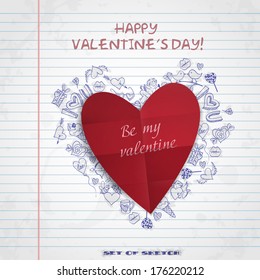 Set of Hand Drawn Various Elements On Lined Sketchbook Paper. Valentines Day Symbol's. Vector Illustration. Eps 10.