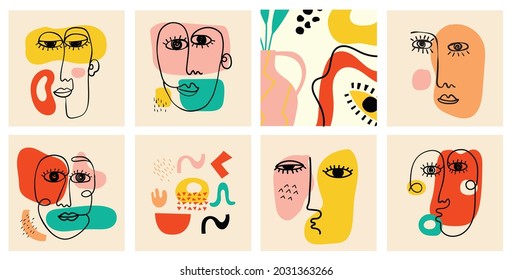 Set of hand drawn various faces, shapes and doodle objects. Abstract contemporary modern vector illustration.