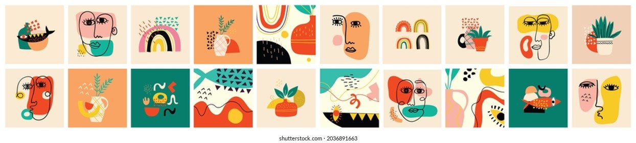 Set of hand drawn various faces, shapes and doodle objects. Abstract contemporary modern vector illustration.