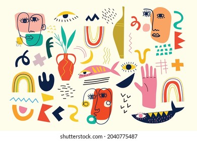 Set of hand drawn various faces, shapes and doodle objects. Abstract contemporary modern vector illustration.