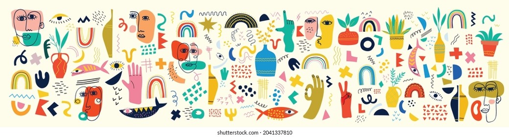 Set of hand drawn various faces, shapes and doodle objects. Abstract contemporary modern vector illustration.