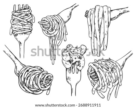 Set of hand drawn various pasta, spaghetti and macaroni with fork outline drawing illustration