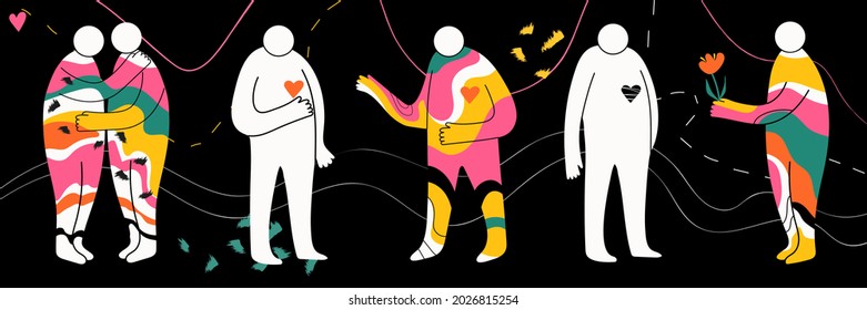 Set of Hand drawn various people silhouettes, lines and spots on black background. Abstract contemporary modern vector illustrations. Colorful flat design. 