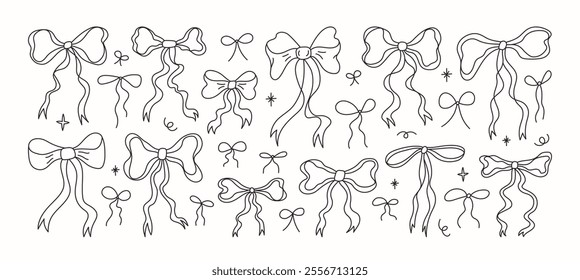 Set of hand drawn various pink bow knots, ribbons and bows in line style. Hair braiding accessories for woman. Coquette vintage illustration. Perfect for poster, cards, wedding invitations.
