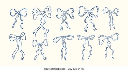 Set of hand drawn various ribbons and bows. Minimalist drawing sketch. Vintage vector illustration ink doodle style. Perfect for poster, greeting cards, wedding invitations, branding, logo, tattoo.